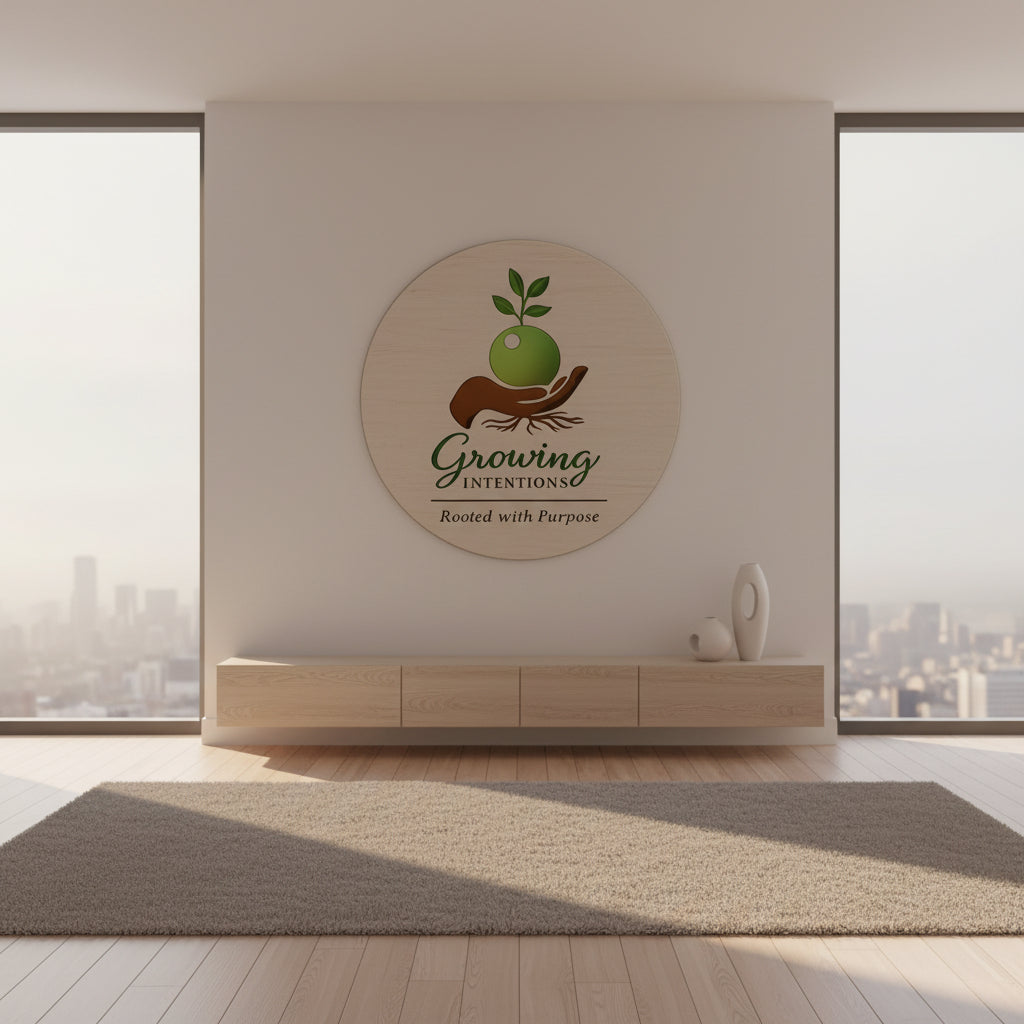 Logo of 'Growing Intentions' with a hand holding an apple, symbolizing growth and purpose.